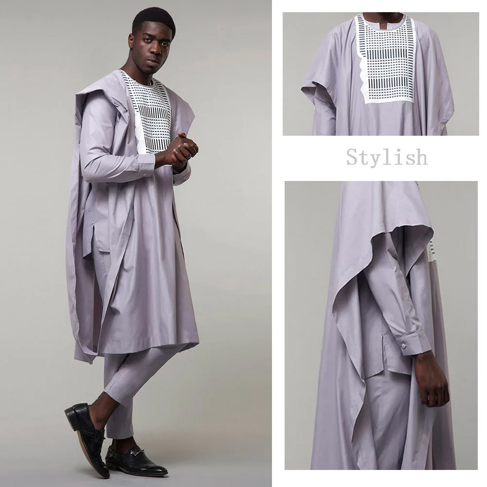 Fadzeco Agbada 2019 мужские африканские 3 шт плюс размер Дашики белая вышивка Slim Fit Топ с коротким рукавом Брюки Мужская одежда Повседневный костюм