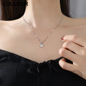 

Louleur Korean Fashion 925 Sterling Silver Necklace Cat's Eye Ping An Lock Pendant Necklace For Women Charm Fine Jewelry