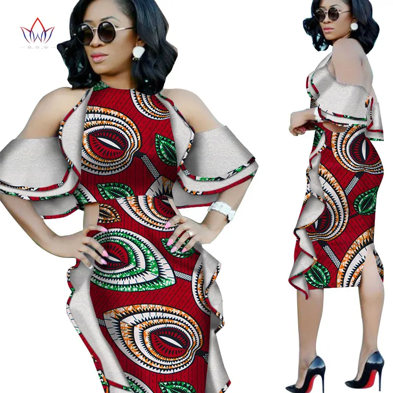 Новая мода Дашики африканские платья для женщин Базен Riche Анкара принт с открытыми плечами кружевные платья Женская африканская одежда WY4976 - Цвет: 7