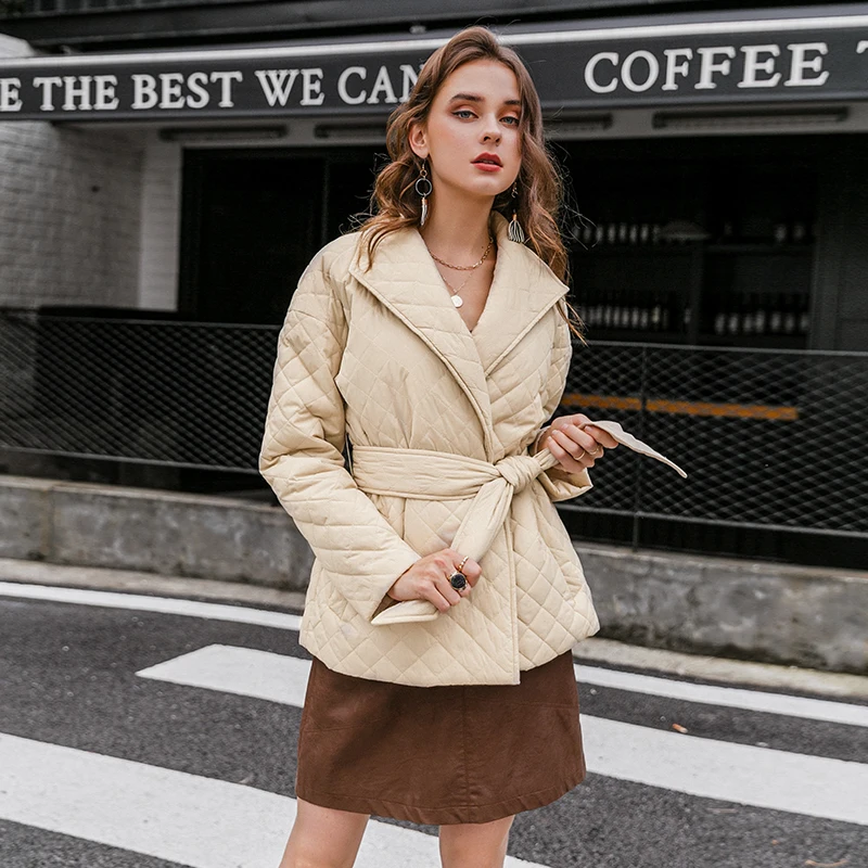 Simplee Warm short cotton padded parkas womens 2020 New belted autumn winter coats female Long sleeves elegant lapel overcoat