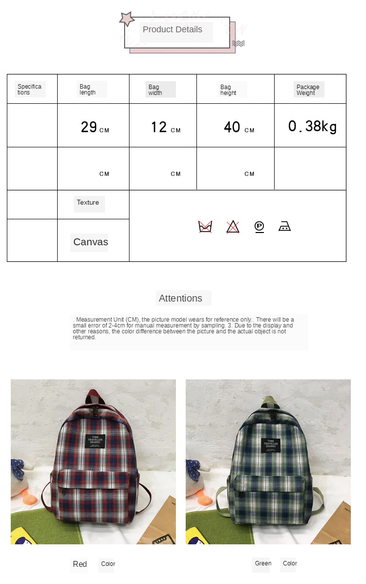 Fashion Plaid Canvas Women's Backpack Student Backpacks Teenage Girl School Bags Large Capacity Waterproof Travel Rucksack