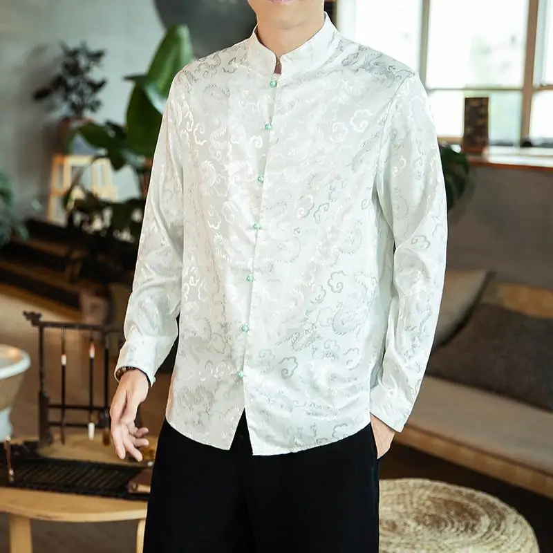 M-5XL Traditional Chinese Clothing For Men Autumn Streetwear Long Sleeve Silk Chinese Shirt Traditional Dragon Clothes XXXXXL
