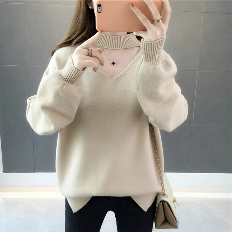 Light Brown Neploe, свободный, Сумасшедший стиль, Толстый Пуловер, свитер для женщин, однотонный, v-образный вырез, фонарь, длинный рукав, базовый, для женщин, вязаный джемпер, топ, 48208 - Цвет: Light Brown