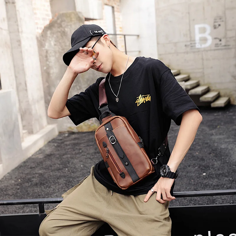 

Korean version of the new breast bag fashion leisure mad horse leather men's bag oblique shoulder chest tideway bag