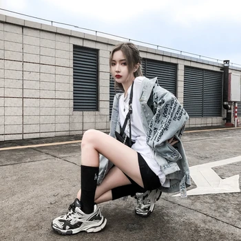 

2020 New Arrivals Summer Chic Fashion Loose Words Patterns Streetwear Outwear Vintage Wash Polo-neck Oversize Denim Jackets