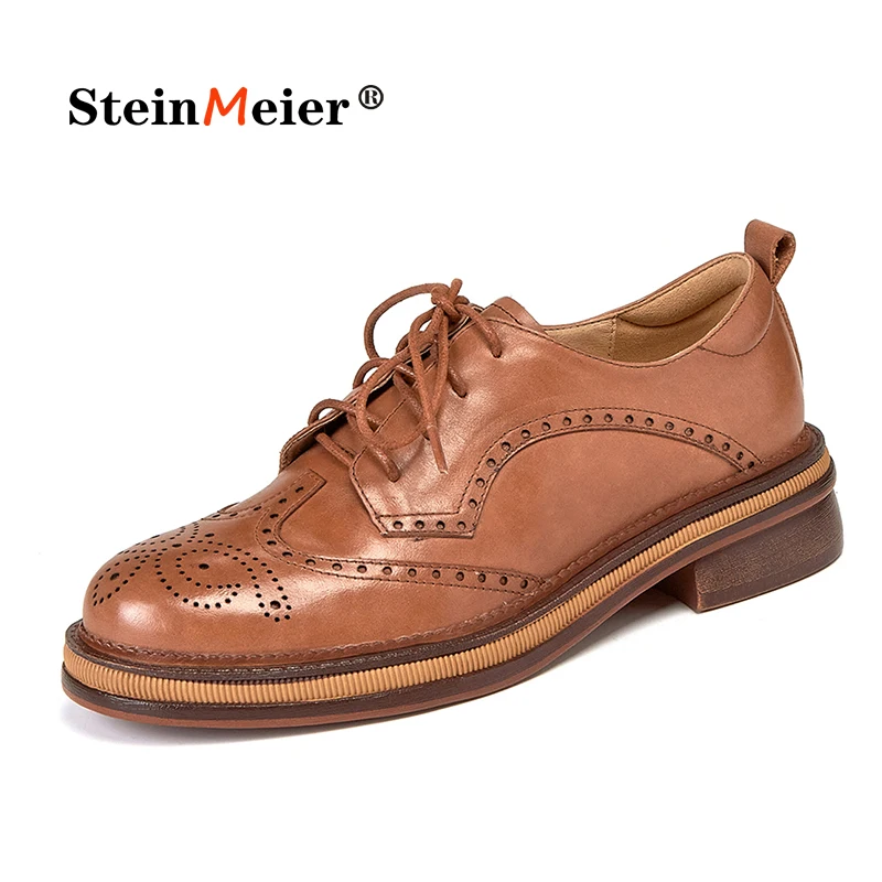 Women Oxford Shoes Genuine Leather Flats Handmade Leisure Lace-up Brogues Wingtips Autumn