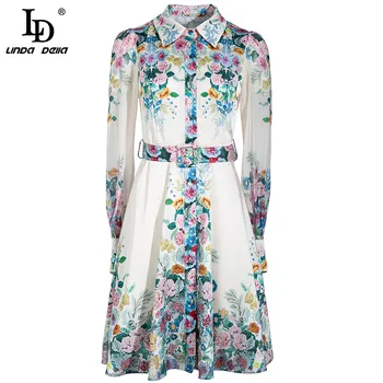 

LD LINDA DELLA 2020 Autumn Fashion Runway Elegant Dress Women Long Sleeve Multicolor Floral Print Belted A Line Shirt Dress