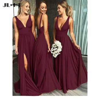 

2019 In Stock Burgundy Bridesmaid Dresses Long Slit V-Neck Spagehtti Straps Maid of Honor Wedding Party Dress Bridesmaid Dress