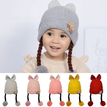 

Solid color Cartoon beanie Knit Scarf Set Children Cartoon Cute Baby hat with ears Winter beanies gorros de inverno feminino