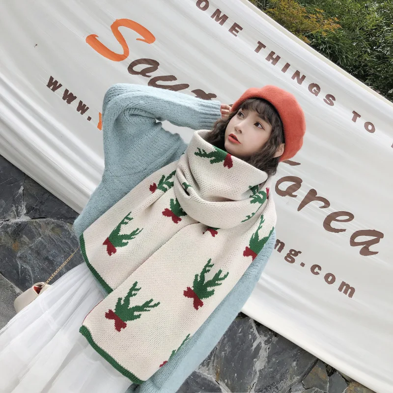 Christmas deer C12 Модный Рождественский женский шарф, рождественский подарок, Зимний вязаный теплый шарф со снежинками и оленем, праздничный шарф для девочек, длинные шали S023 - Цвет: Christmas deer C12