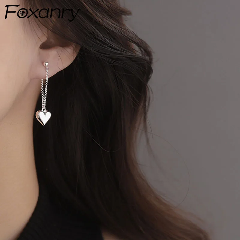 FOXANRY 여성용 알레르기 방지 실버 컬러 귀걸이, INS 패션 빈티지 부드러운 러브 하트 술 디자인 파티 쥬얼리