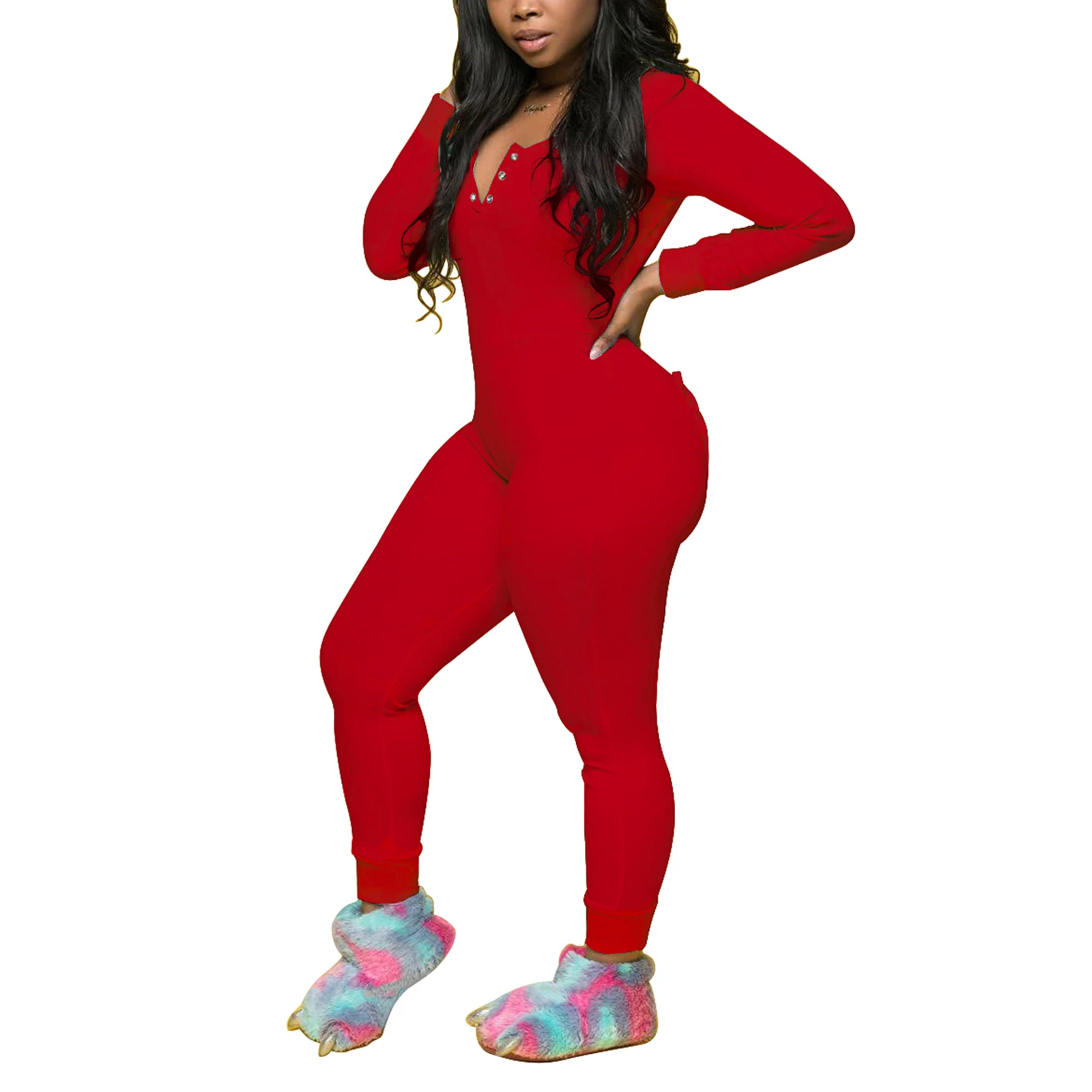 Sexy Women Ladies Deep V Neck Overalls Butt Flap Pajamas Sleepwear Long Sleeve Bodycon Bodysuit Jumpsuit Rompers Clubwear