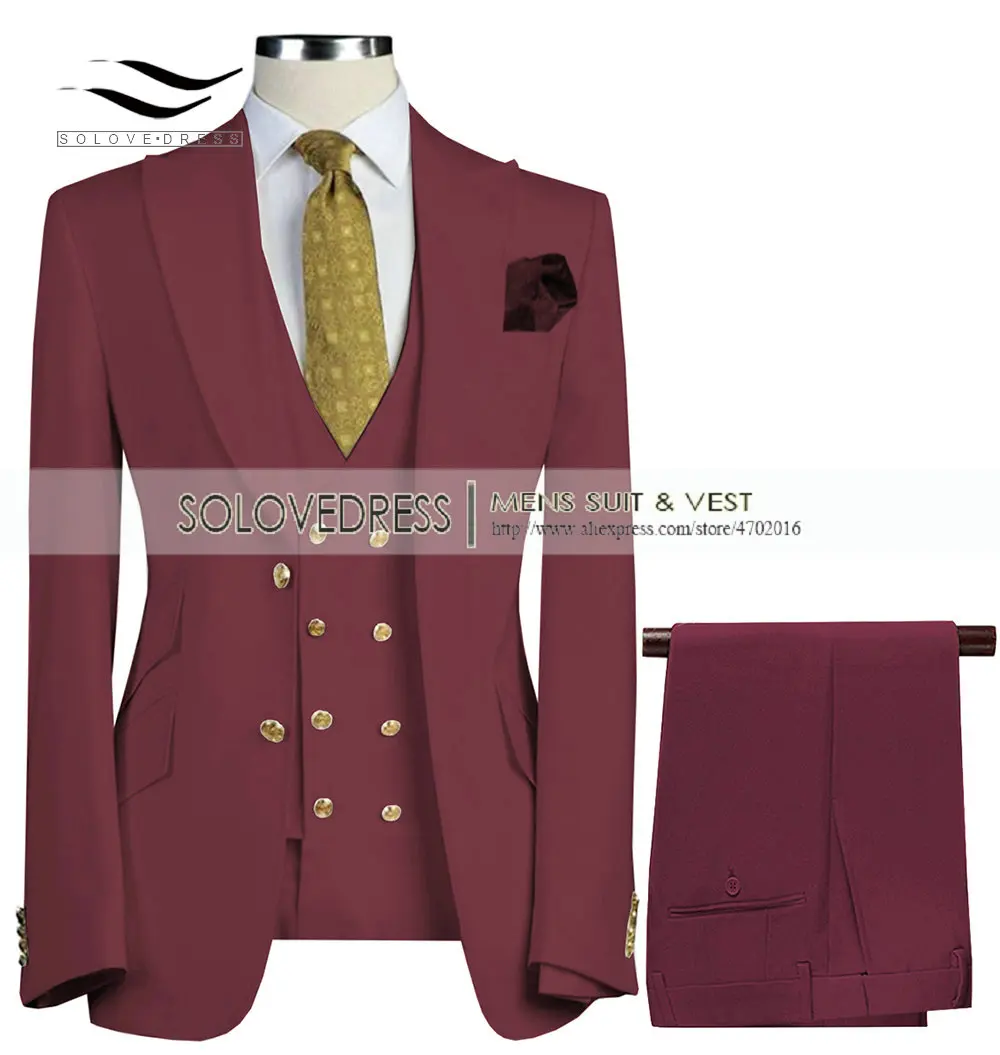 Burgundy Мужские костюмы из 3 предметов, приталенные деловые костюмы для жениха, армейский зеленый благородный серый белый смокинг для формальных свадебных костюмов(Блейзер+ брюки+ жилет - Цвет: Burgundy