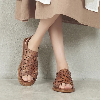 

Women Sandals Retro Flats Sandals Comfortable Cow Leather New Original 2020 Summer Handmade Genuine Leather Casual Sandals Open