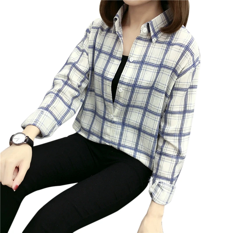 

Retro Shirt Plaid All-Match Thin Cotton Linen Vintages Blouse Long-Sleeved Loose Top White And Blue Plaid XL Size