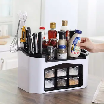 

2-Layer Kitchen Seasoning Container Spice Pots Storage Rack Tableware Cutlery Knives Shelf Holder Kitchen Organizer with 6 Spoon