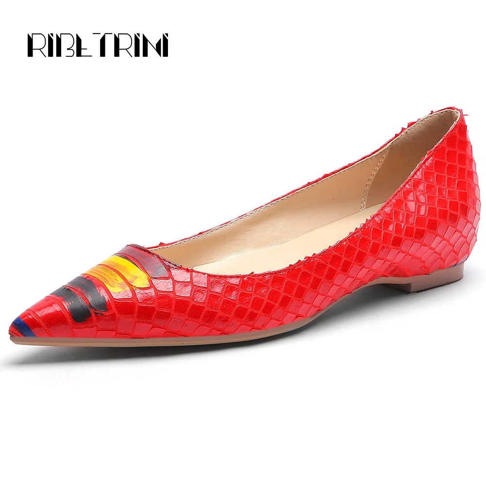 

RIBETRINI Quality Patent Faux Leather Flats Shoes Women Snakeskin Print Pointed Toe Shoes Woman Comfort Flats Women Big Size