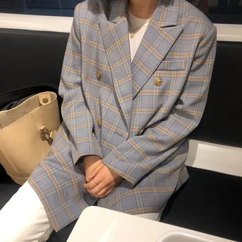 

Casual Double-breasted Oversized Women Blazers Vintage Plaid Patchwork Female Suit Jackets Spring OL Blazer Ladies Outwear 2020