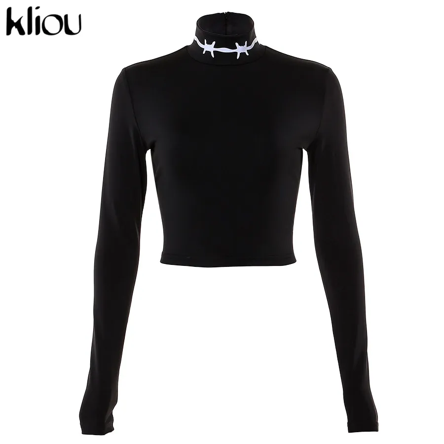 Kliou women black turtleneck reflective print t-shirt sexy backless hollow out crop top new female long sleeve top tshirt