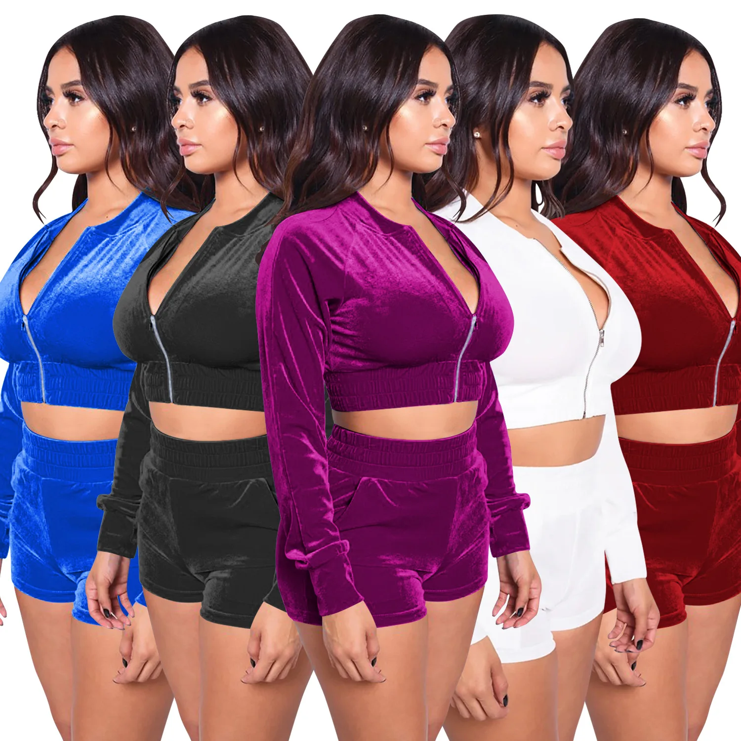 Zoctuo-Conjunto de dos piezas de terciopelo para mujer, Sudadera corta con cremallera, pantalones cortos, chándal, conjunto Sexy de Fitness para Club, otoño