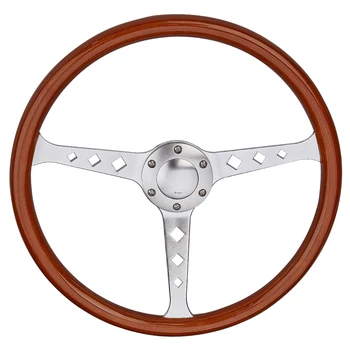 

Universal 380mm 15" Classic Wooden Steering Wheel Chrome Silver Spoke Vintage Classic Wood Grain Steering Wheel