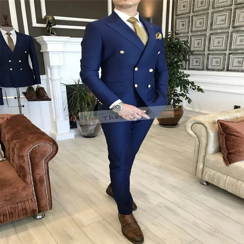 Suits Men Thorndike Light Blue Jacquard Slim Fit Tuxedo Formal Business Work 3Pcs Set (Jacket+Pants+Pants)