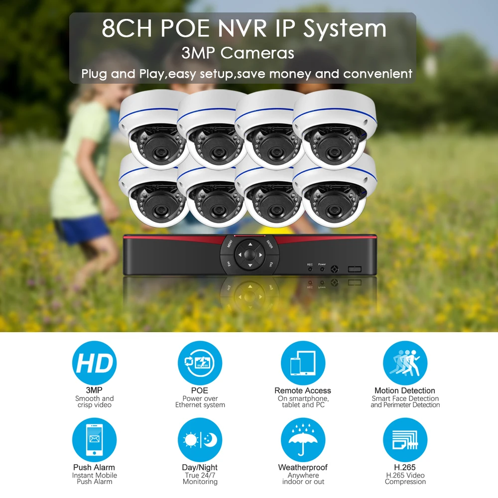 Security Camera Gadinan 8CH 5MP POE NVR System Kit Audio Record 3MP IP Camera IR Dome Outdoor Waterproof CCTV Surveillance Set