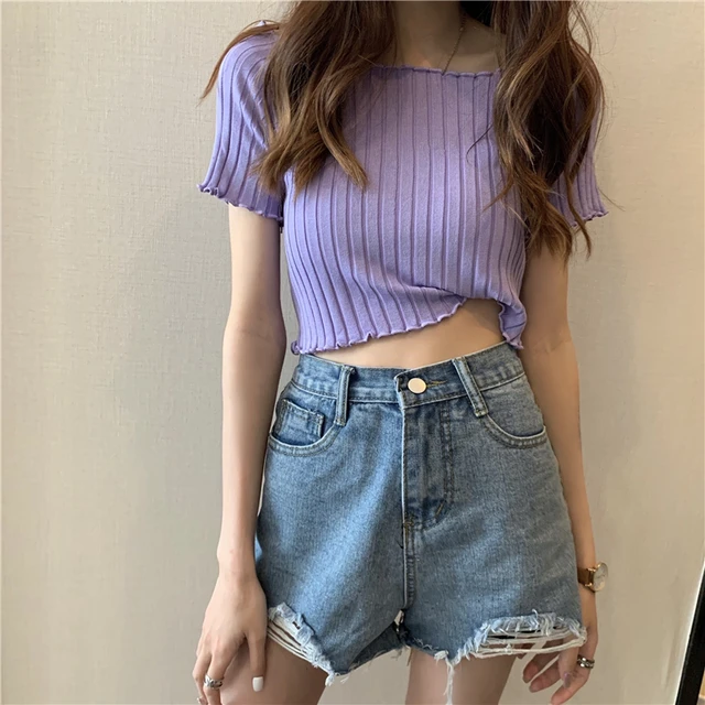 HELIAR Women Off Shoulder T shirts Knitting Crop Tops Women Short Sleeve Cute Ruffles Hem T