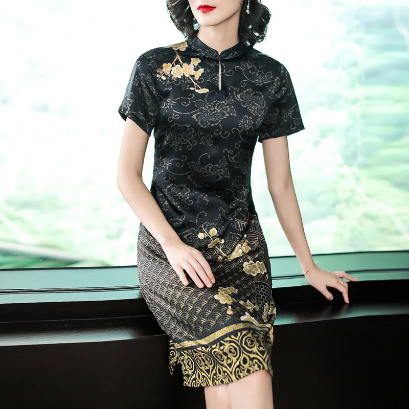 

Improved Cheongsam 2018 New Style Summer Mid-length Vintage Printed Large Size Dress Slimming Hangzhou Silk Dress