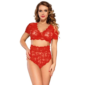 

Comeondear Women Lace Bra and Panty Set Plus Size 5XL High Waist 2 Piece Lingerie Set Short sleeve Panty Underwear Set R80760
