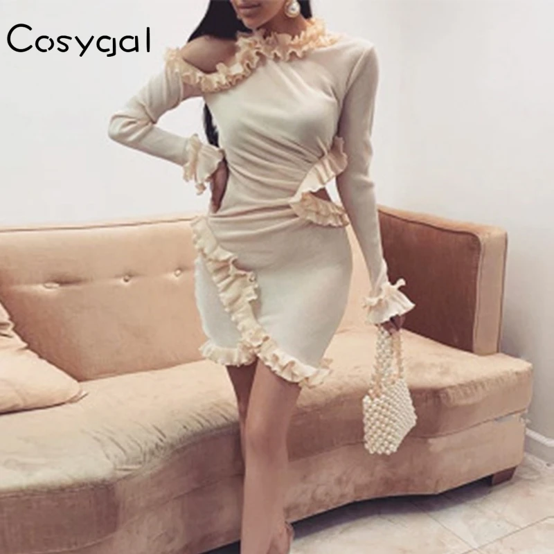 

COSYGAL 2019 ruffles long sleeve slim autumn winter dress women hollow out festival party dresses bodycon nightclub sexy dresses