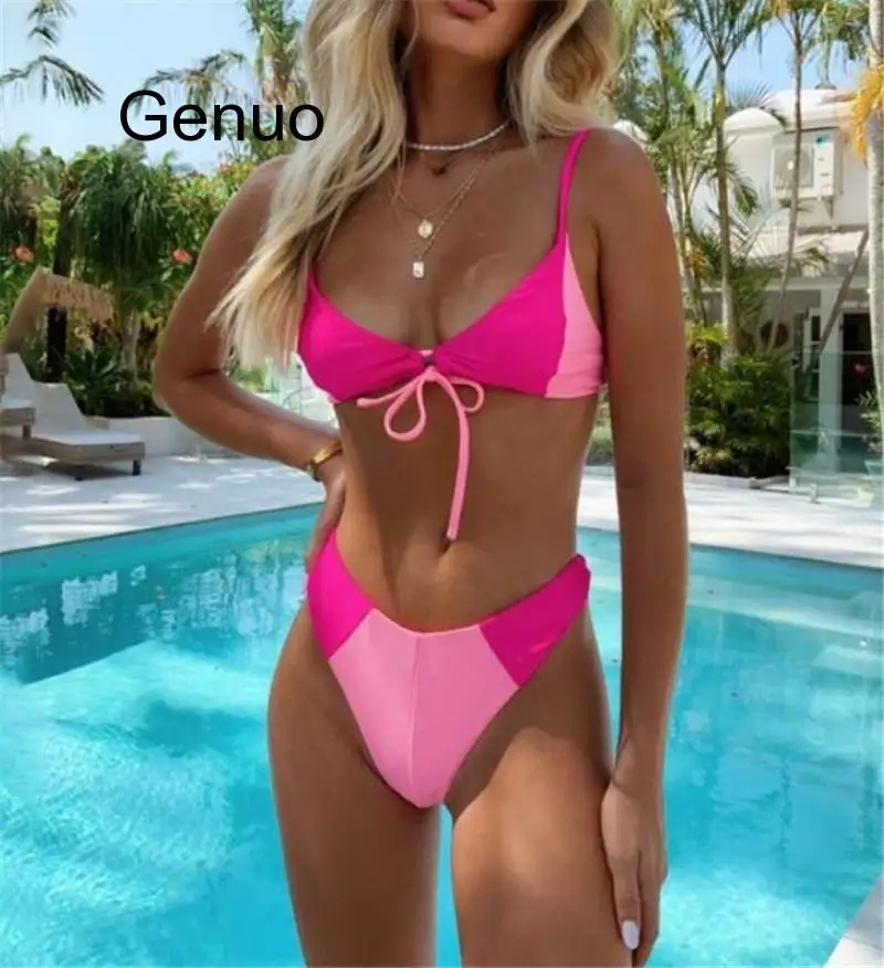 

Sexy Bikini Pink Patchwork Front Tie Padded Swimsuit Beach Bathers Bathing Suit Push Up Thong Swimwear Banador Mujer