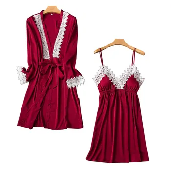 

2020 Spring And Summer New Ladies Silk Satin Robes 2Pcs Silky Smooth Sleepwear Women Cardigan+Dress 2Pcs Pajama Set Soft Homewer