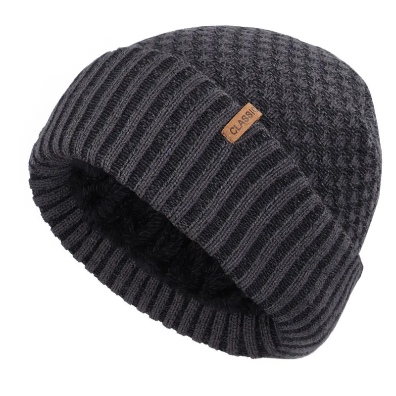 Новинка, Вельветовая хлопковая шапка, зимняя, теплая, для мужчин и женщин, вязаная шапка, уличная, для отдыха, клетчатая, в полоску, высокое качество, хлопок, мужская, в горошек - Color: Gray