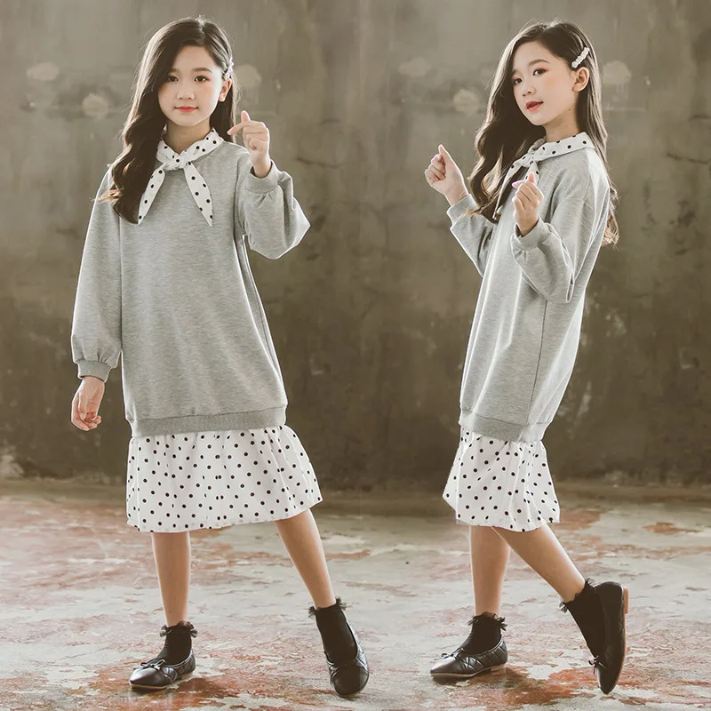 Платье для девочек коллекция года, осенне-зимние корейские повседневные короткие детские платья в горошек с длинными рукавами для подростков 6, 8, 10, 12, 14 лет