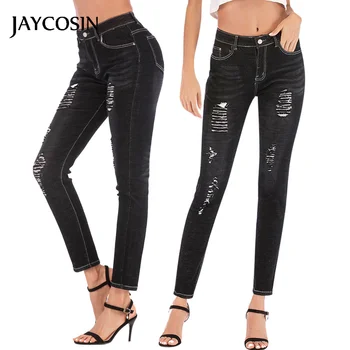 

JAYCOSIN Jeans Women Button Ripped Zipper Pocket Trousers Stretch Casual Denim Pencil Pants Elastic Slim Cowboy Female 2020 New