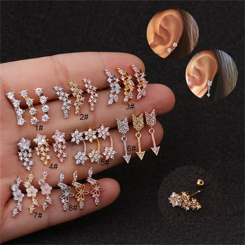 

20G Stainless Steel CZ Flower Zircon Ear Cartilage Helix Piercing Jewelry Rook Lobe Stud Earring Stainless Steel Zircon Earrings