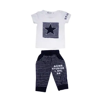 価格 Outad男の赤ちゃん服スーツソフト綿oネック半袖スタープリントtシャツ + チェック柄パンツ 7 分丈ズボンキッズセット新