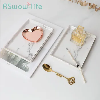 

18*13*2 Household Dessert Tray Ceramic Plate Gold Breakfast Plate Creative Rectangular Marble Pattern Trays Jewelry Storage Tray