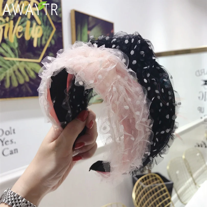 AWAYTR Lace Fold Polka Dot Hairbands Hair Hoop Princess Accessories Band Chiffon Hairband Girls Bow Knotted Women Headbands |