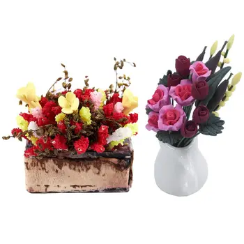 

1/12 Dollhouse Miniature Multicolor Flower Bush with Wood Pot & Miniature Beautiful Red Flowers