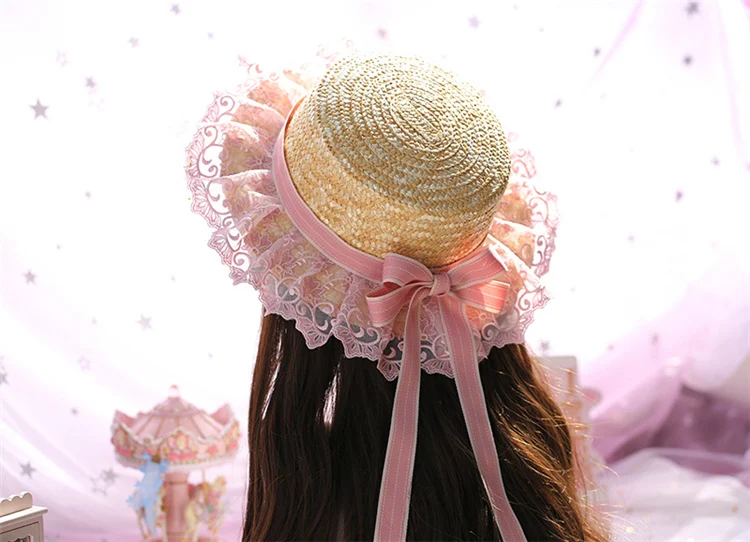 Sweet Pink Lace Straw Hat Women Summer 