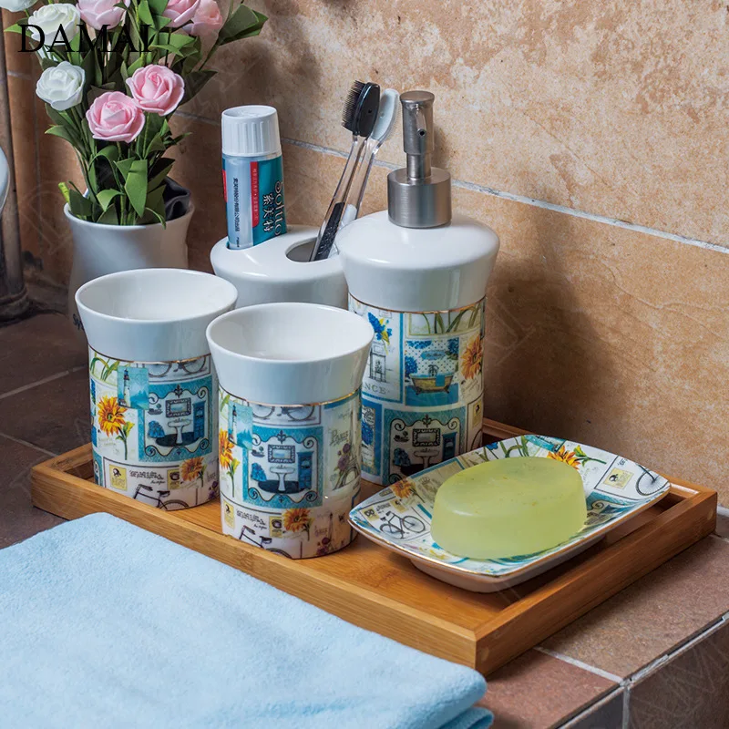 

Набор аксессуаров для ванной комнаты, креативная роспись вручную, керамическая французская пасторальная Эйфелева башня, декоративный комплект из пяти предметов, аксессуары для душа