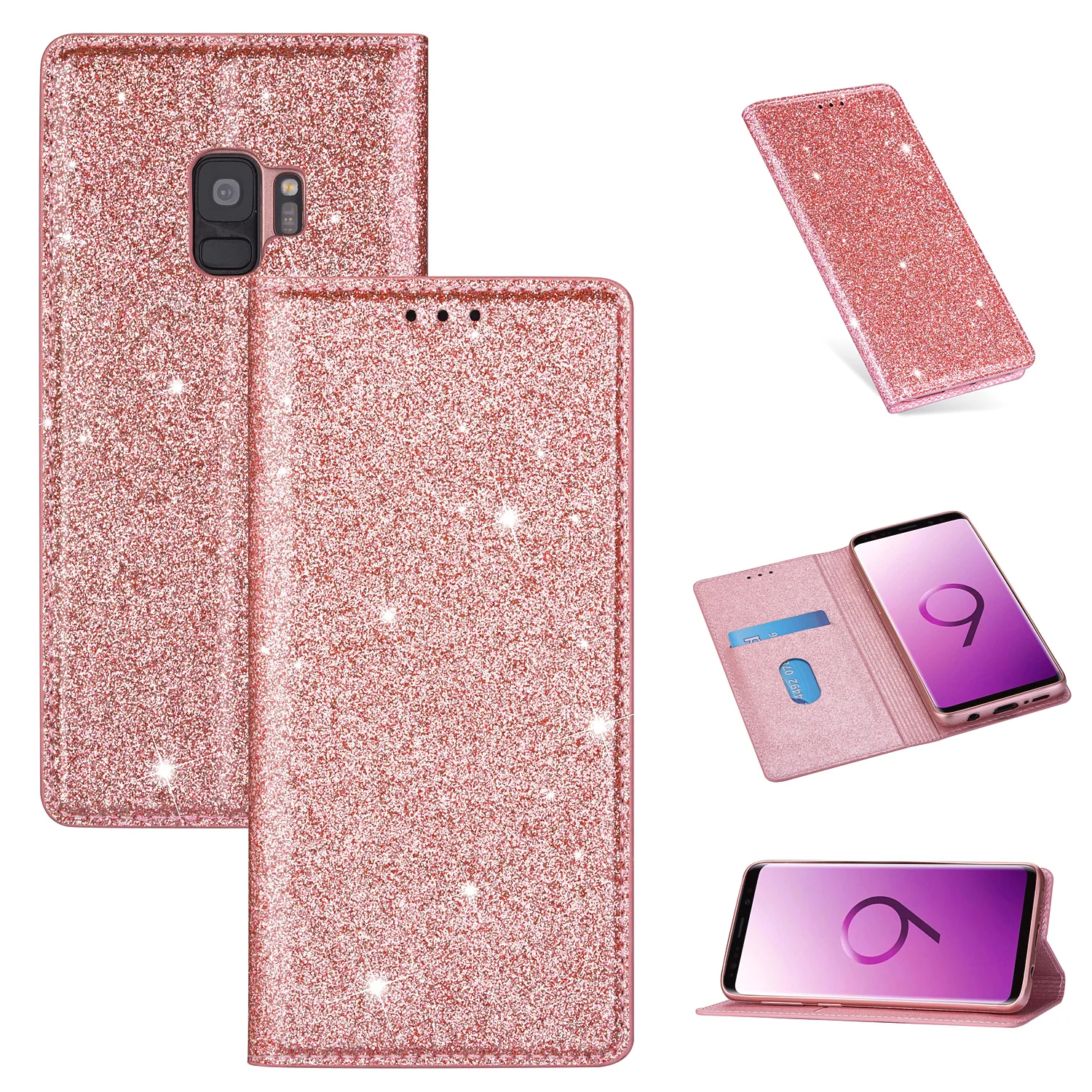 Чехлы-бумажники из искусственной кожи для samsung Galaxy S10E S6 S7 Edge S8 S9 Plus Note 8 9 10 Plus, блестящий чехол-книжка с подставкой для карт - Цвет: Rose Gold