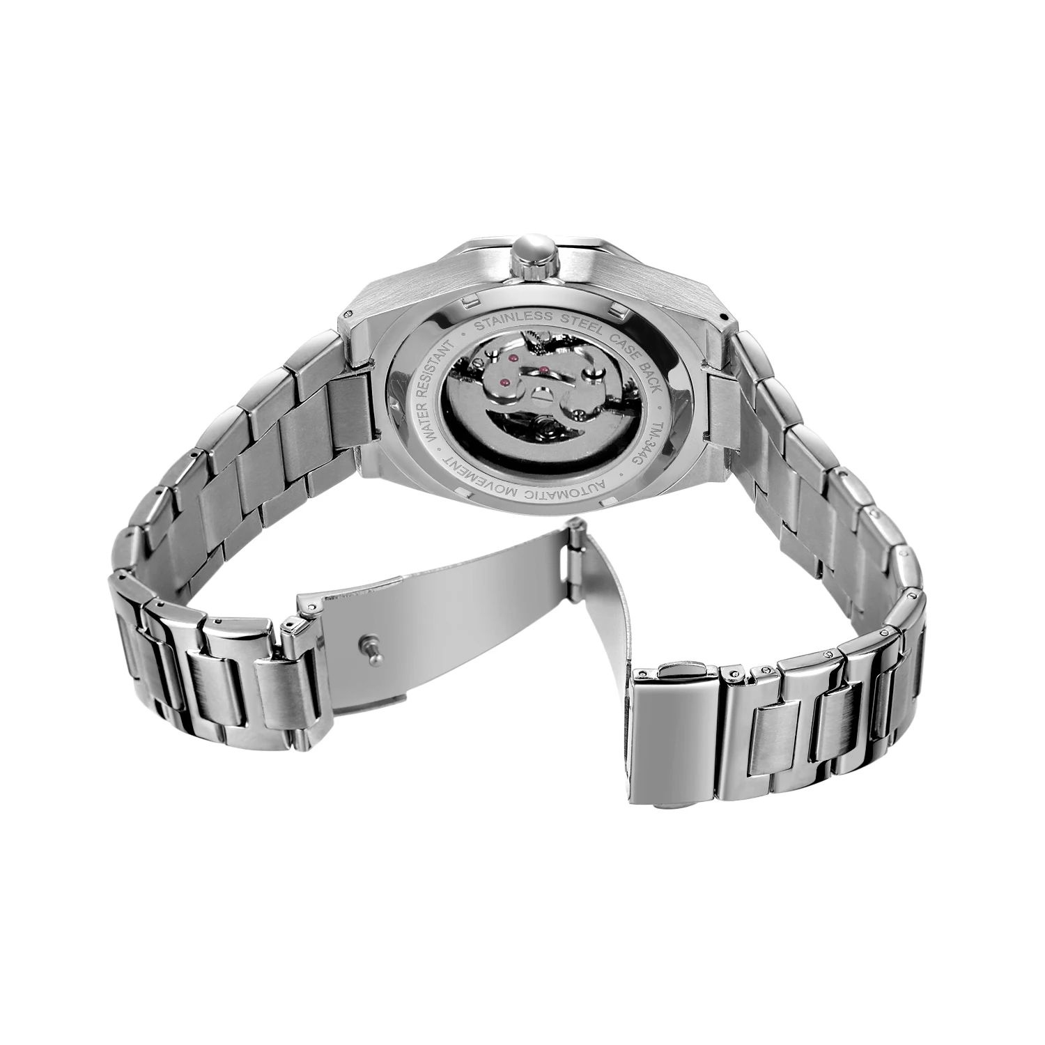 Men mechanical watch skeleton automatic stainless steel
