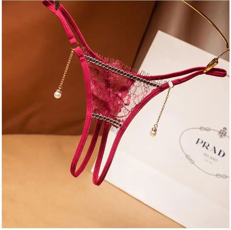 Flower Embroidery Net Yarn Open Crotch Sexy Panties For Women With Pearl Drop Pendant Thongs and G strings Underwear - Цвет: dark red