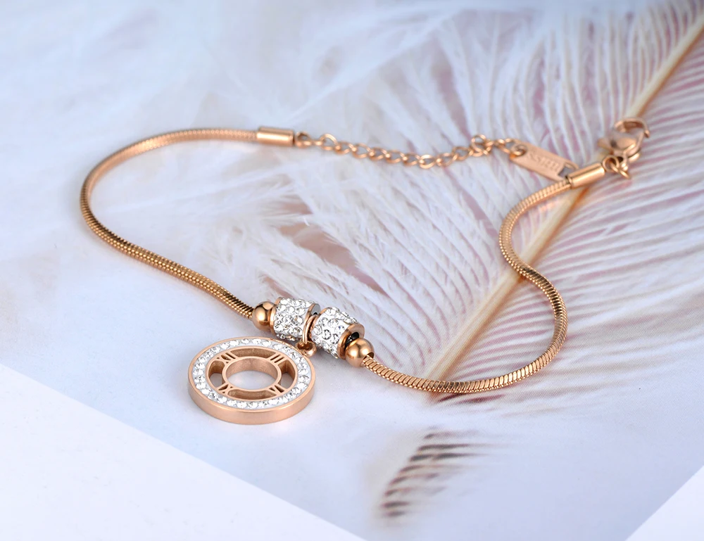 Lokaer дизайн CZ Кристалл римские цифры шарм браслеты ювелирные изделия для женщин розовое золото браслет из нержавеющей стали B19097