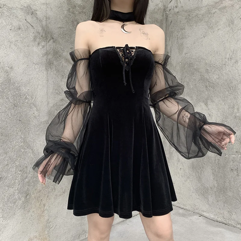 

Gothic Dress Women Autumn Winter Dark Style Sexy See-Through Mesh Stitching Long Sleeves Vintage Dresses Vestidos