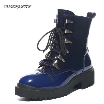 

Trifle Bottom Cool British Fashion Shiny Black Winter Blue Patent Leather Short Boots Metal Decor Lace-up Falt Platform Shoes