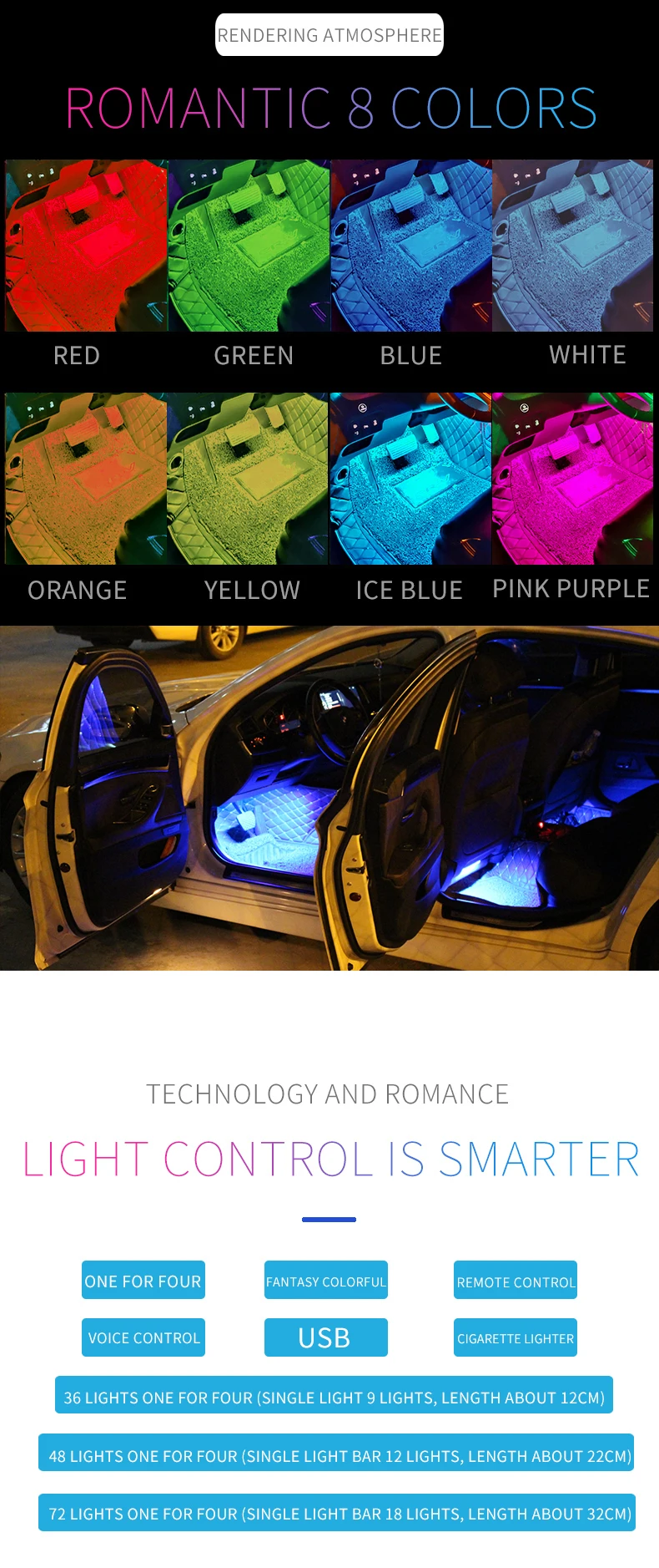 Led Car Foot Ambient Light With USB Neon Mood Lighting Backlight Music Control App RGB Auto Interior Decorative Atmosphere Light